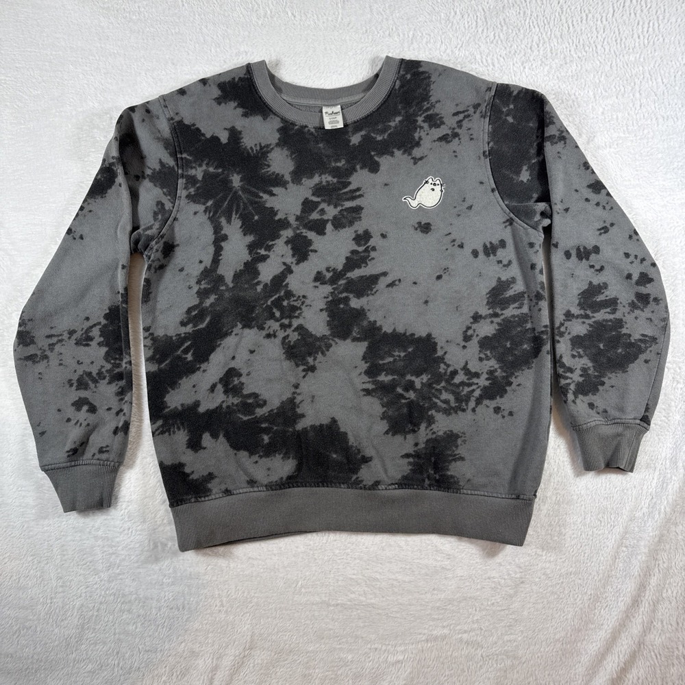 Pusheen Grey Tie Dye Crewneck Embroidered Ghost Cat Patch‎ Small Cotton Blend